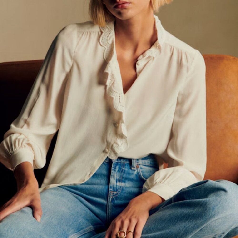 BEST Sezane Chlo Silk Blouse Ecru Ivory White French Classic Causal FR38/US6 - Picture 3 of 14
